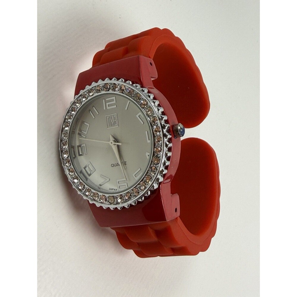 Time Women’s Red Wrap Band Rhinestone Bezel Quartz Watch 33.8mm Fresh Battery